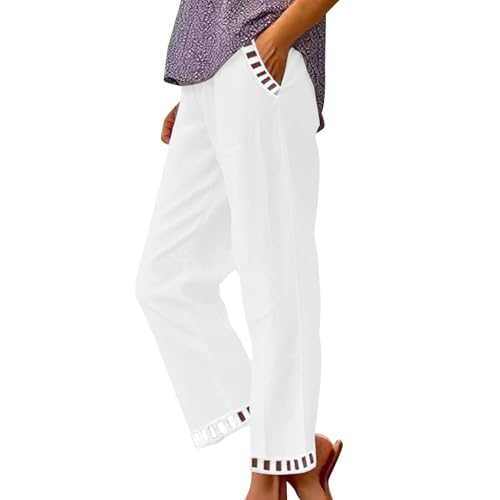 Image of Linen Pants Women Petite Straight Leg Pants Summer Beach High Waisted Pant Vacation Wide Leg Trousers with Pockets