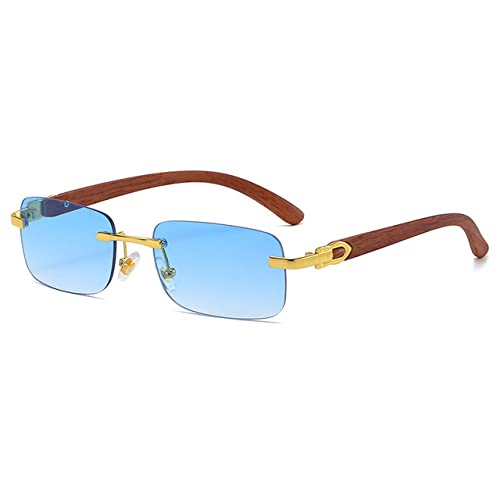 Mode Vintage Petites Lunettes De Soleil Carrées Sans Monture Femmes Hommes Designer De Luxe Populaire Voyage Conduite Lunettes De Soleil En Bois UV400, Bleu, Comme Sur La Photo Cover