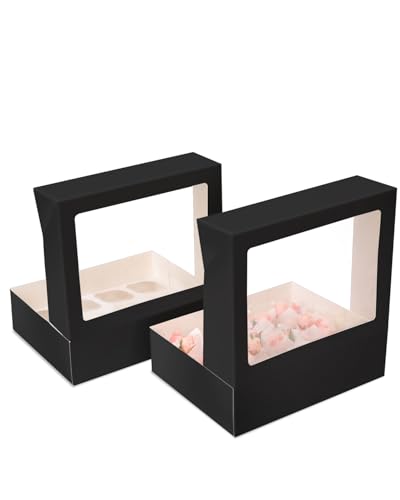 Image of Bakepacker Auto-pop Up Cupcake Boxes with Window Black 40PCS 12 Count Cupcake Box 13 inchx10 inchx3.5 inch Cupcakes Carrier, 12 Cupcake Containers with 2 rolls of pink ribbons