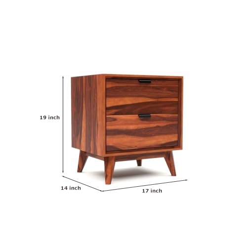 Image of Sheesham Wooden Bedside End Table for Living Room and Home | Solid Wood Bed Side NightStand Table for Bedroom | Wooden Bedside Table with 2 Drawer Storage in Honey Finish