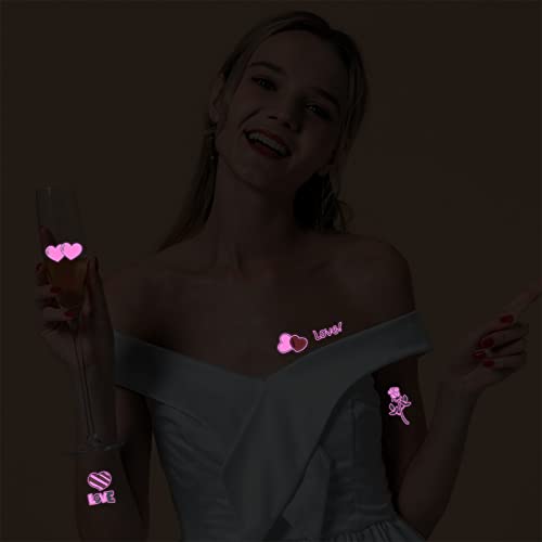 Maripabon Uv Neon Temporary Tattoos 10 Sheets Pink Love Cupid Lips Rose Shimmer Designs Love Glow In The Dark Tattoos Stickers Flash Fake Waterproof Tattoos For Women Men Girls Body Face Art #TOP6