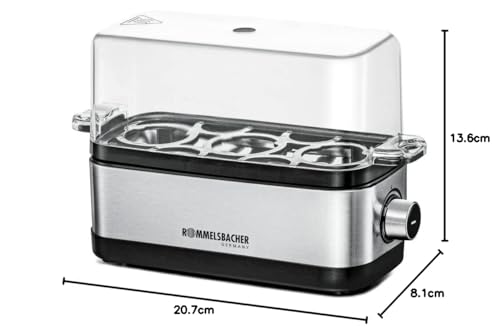 Foto von ROMMELSBACHER Eierkocher ER 300 - für 1-3 Eier, einstellbarer Härtegrad, elektronische Kochzeitüberwachung, Heizschale aus Edelstahl, Messbecher mit Eipick, Kabelaufwicklung, 300 Watt