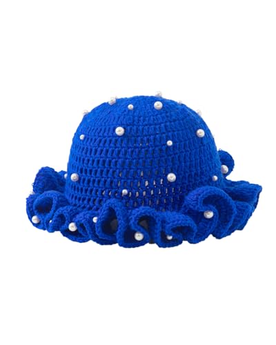 Image of Women Crochet Bucket Hat Cute Winter Ruffled Brim Floppy Cap Handmade Knit Cloche Hats
