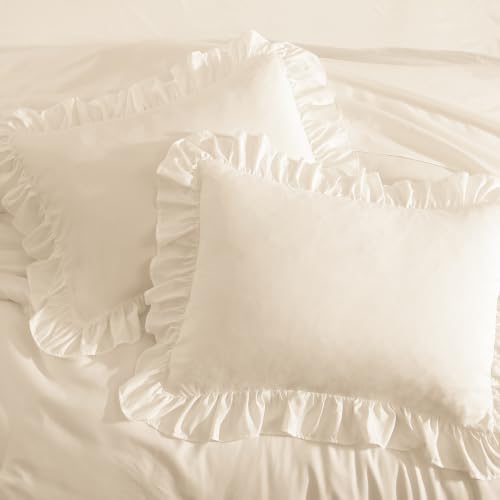 Image of Queen Comforter Set Whisper White Ruffle 7 Pieces Farmhouse Bed in a Bag | Shabby Chic Fluffy All Season Bedding Sets with Sheets, Pillowcases & Shams