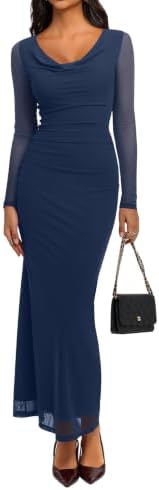 REORIA Midikleid für Damen, Herbsthochzeit, Wasserfallausschnitt, durchscheinendes Netzgewebe, langärmelig, gerüscht, figurbetontes Maxikleid