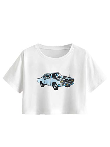 DIDK Women's Casual Crop Top Car Print Short Sleeve Tee White M