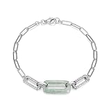 ETERNAL JADE .925 Sterling Silver Rhodium Plated Genuine Green Jade and White Topaz Bracelets for Women - Pavé-Set Modern Paperclip Chain Elegant Sterling SIlver Bracelet, 7.25 Inches
