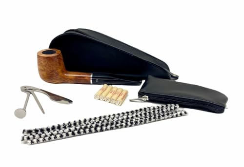 ADORINI Set de Pipas Premium Saturnia - pipa italiana en negro-marrón con limpiador de pipas, filtros, prensador, espiga, pala rascadora y bolsa - 10 piezas