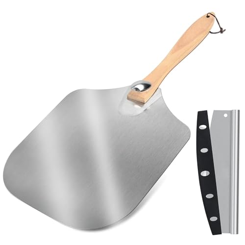 JUSTHERE Pizzaschieber Set, Inklusive 35,5cm x 30,5cm Pizzaschaufel und Großer Pizzaschneider, Pizza Schieber mit Abnehmbarem Holzgriff, Aluminium Pizza Zubehör für Partys und Familienfeiern