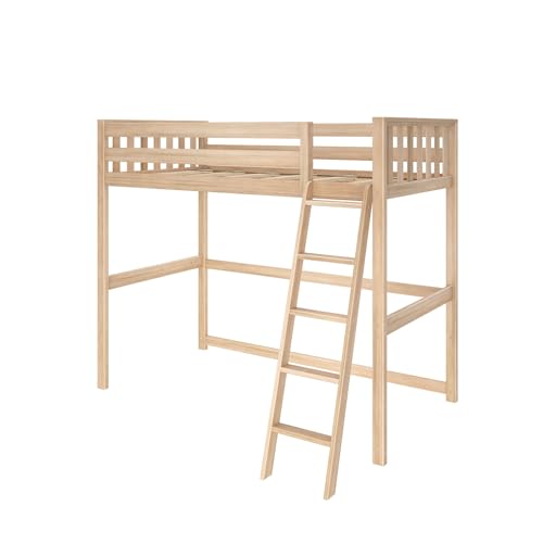 Image of Max & Lily Scandinavian Twin Loft Bed - Modern Solid Wood Kids' High Loft with 14 inch Guard Rails, Angled Ladder with Anti-Slip setps, 400-lb Capacity, Easy Assembly, Blonde