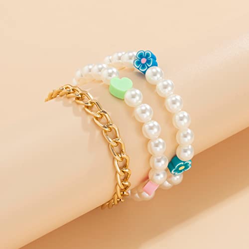 Set de 3 bracelets chaînes perles d'imitation et pendentifs fleurs - 6