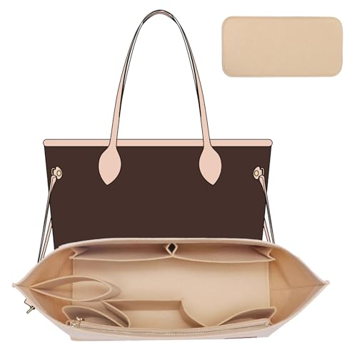OAikor Purse Organizer Insert Compatible with Neverfull GM and More Felt Zipper Bag Insert Liner with Base Shaper for Women Tote Handbags Beige XL
