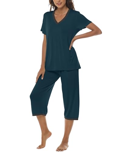 Image of JINSHI Women's Pajamas Set Short Sleeve Top and Capri Pants Lightweight Sleepwear Comfy Pjs Lounge Set with Pockets