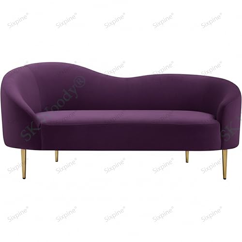 Image of Rosewood Luxury Curved Sofa in Premium Velvet-Fabric | Solid Wood Structure | High Density Foam | Sturdy Golden Legs | Comfortable & Stylish Couch for Modern Living Room (Purple, 2 Seater)