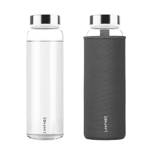 LOOFORE Bouteille en Verre 1 litre 1000ml, Sans BPA, anti-fuite, Gourde Reutilisable en Borosilicate, Bouteille d'eau en Verre pour Bureau, Sport, Camping,...