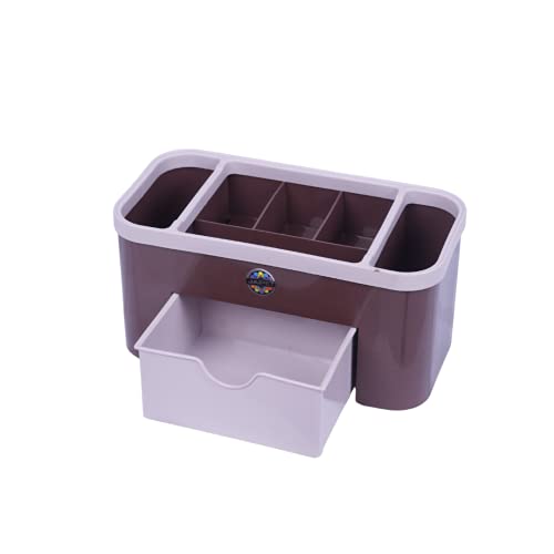 Beaver Hindz Table Stationary Makeup Organizer/ Pencil & Pen Stand/Remote & Mobile Holder with drawer for Desk/office/table (Warm Brown)