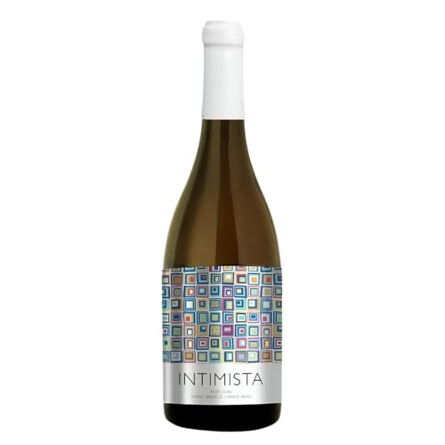 Garrafa de vinho branco Intimista de Portugal, com rótulo moderno de quadrados coloridos em tons pastel e tampa branca, sobre fundo branco.