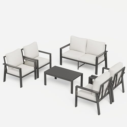 Image of 6 Pieces Aluminum Outdoor Patio Furniture Set 6-Seat Deck Furniture Patio Conversation Sets All-Weather Rust-Proof Sectional Sofa Set with Removable Cushion for Balcony, Yard, Poolside