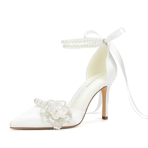 Pearl Heels Wedding Shoes for Bride High Heel Bridal Shoes Closed Toe Wedding Heels
