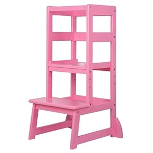 SDADI Mothers Helper Adjustable Height Kitchen Step Stool Children Kids Toddlers Counter Level Learning Stool for Kitchen Bathroom Pink