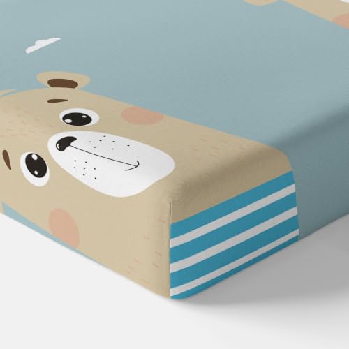 Image of LORETO - A QUALITY LINEN BRAND 186 TC 100% Pure Cotton King Size Fitted Bedsheet with 2 Pillow Covers for 78 x 72 Inch Mattress, All-Around Elastic, 8 Inch Deep Pocket, Aqua Blue Bear & Duck