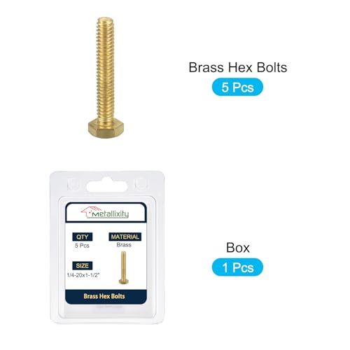 Image of METALLIXITY Hex Head Screw Bolt (1 /4-20x1-1 /2) 5Pcs, Brass Fully Threaded Solid Brass Hex Bolts Machine Screws - for Machinery Repair
