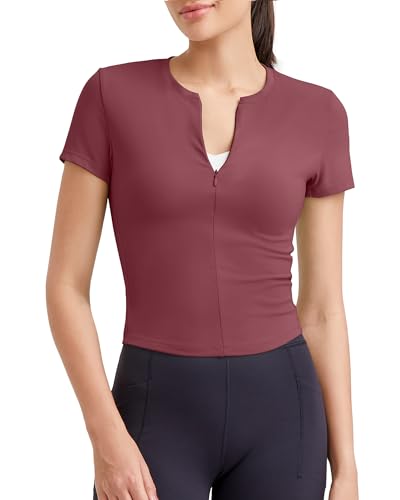 Image of G4Free BareFeel Womens Workout Tops Short Sleeve Half Zip Slim Fit Athletic Shirts Gym Running Yoga Slight Crop Tshirts