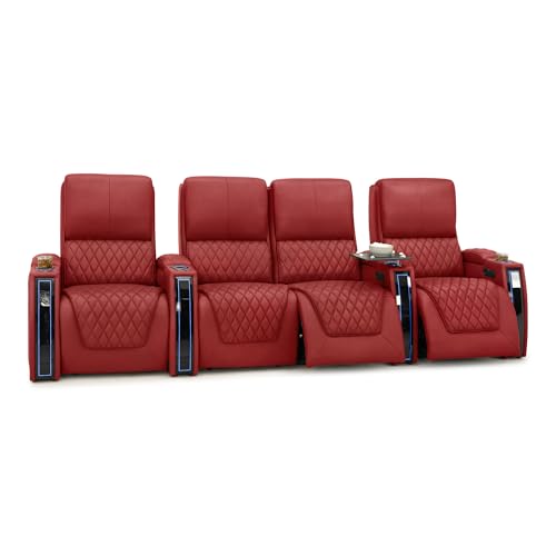 Image of Seatcraft Apex Red Italian Leather Home Theater Seating, Zero Gravity Power Recliner Chair, Powered Headrest and Lumbar Gaming and Lounge Sofa Furniture for Cinema Room, Row of 4 Middle Loveseats