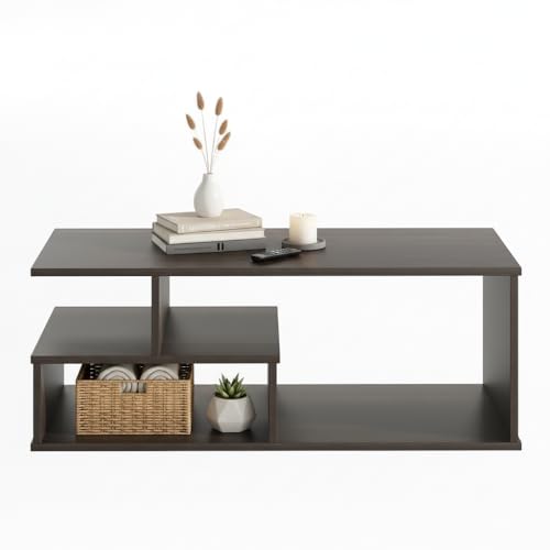 Image of FURNEASER Witely Coffee Table Modern Centre Table with Storage Shelves, Teapoy, Centerpiece Tea & Coffee Table for Living Room, Engineered Wood, Matte Finish, Wenge and White, 90x50x35 cm