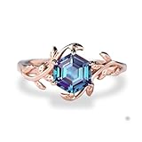 Bala Gems & Jewels Vinage 3.50cts Hexagon Alexandrite Engagement Ring Leaf Vine Shape Design Ring Minimalist Unique Vintage Ring 18k Rose Gold Plated Promise Ring Wedding Ring for Her (BL-AL-19)