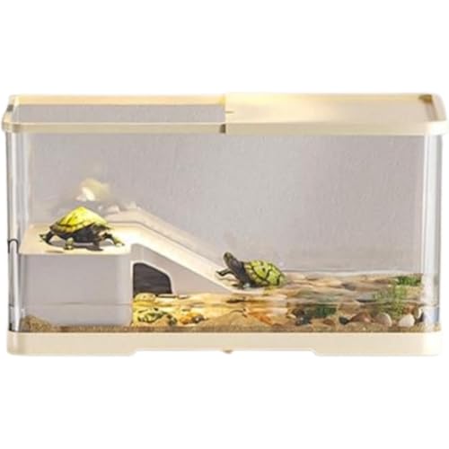 Wyazziv 亀の飼育ケース 亀 水槽 大きい カメ用水槽 初心者セット 13点セット 透明 軽量 両生飼育箱 亀ケージ 脱出防止 亀の楽園 亀 リクガメ 半水棲ガメ ボックス 排水孔 耐久性 爬虫類 両生類用 カメ生息地 360°観察 (S,金色)