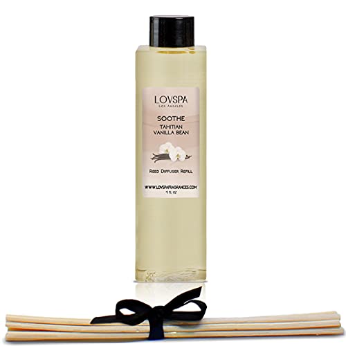 LOVSPA Soothe Tahitian Vanilla Bean Reed Diffuser Refill Oil with Replacement Reed Sticks | Vanilla Absolute, Amber and Tonka Bean Essential Oils, 4 oz - Made in The USA
