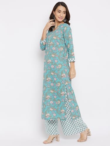 Image of Tissu Women's Cotton Sea Green & Pink Floral Printed Kurta with Palazzo