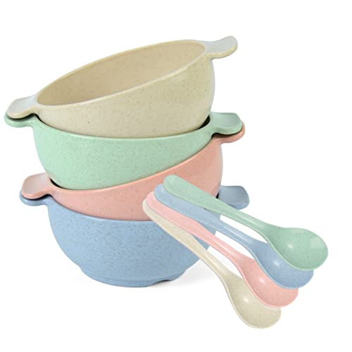 Bols à Céréales avec Cuillère, Jeslon jeu de 4 Bols à Soupe Riz Céréales Pâtes Salade, Incassables et 16oz Légers Pour le Petit Déjeuner des Enfants, Résistants au Micro-ondes et au Lave-vaisselle Cover