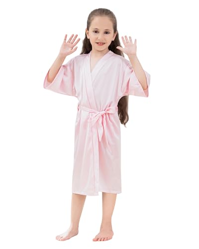 KAKU NANU Girls Dressing Gown Satin Robe Silk Kimono Lightweight Summer Dressing Gown Kids Nightwear Pink 5 6 7 5-6 6-7 Years
