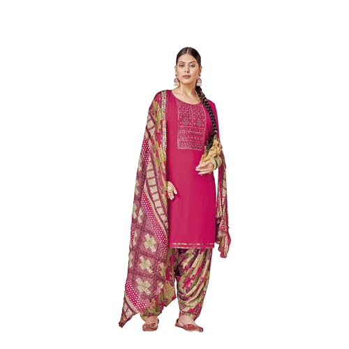 Patiala Suit Magenta en Viscose Brodé avec Dupatta Bandhej Chic