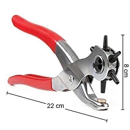 Image of Leather Hole Punch Tool Set -6 Size Revolving Leather Belt Hand Hole Puncher for Belts, Watch Bands, Straps, Dog Collars, Saddles, Shoes, Fabric, DIY Home or Craft Projects (9'', Silver /Red)