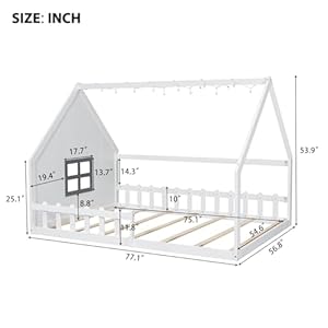 Merax Full Size House Bed for Kids, Wood Montessori Floor Bed with LED Light Toddler Floor Bed with Fence and Window, Toddler Bed Frame for Girls Boys, White Merax Full Size House Bed for Kids Wood Montessori Floor Bed with LED Light Toddler Floor Bed with Fence and Window Toddler Bed Frame for Girls Boys White