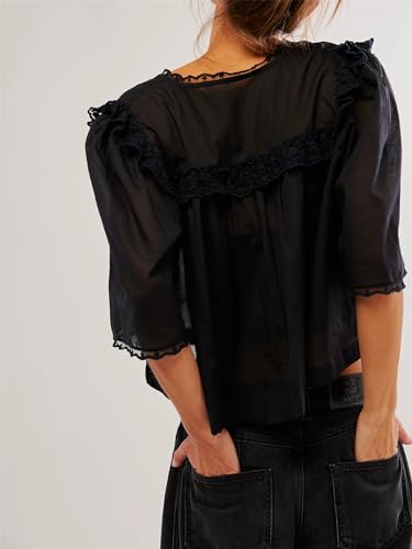 Hassembly Women Summer Cute Chiffon Shirt Low Cut V-Neck Short Sleeve Ruffle Trim Blouse Y2K Going Out Button Down Mesh Shirt2