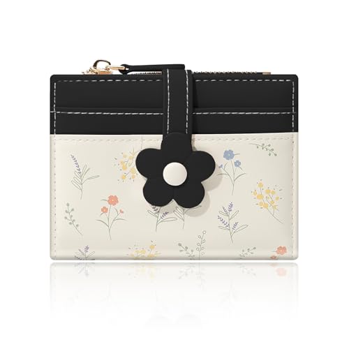 Small Wallets for Women, Cute Bifold Floral Flowers Ladies Wallet, Compact Credit Card Holder Cash Zipper Pocket with ID Window for Female (Black)