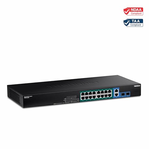 Image of TRENDnet 18-Port Gigabit PoE+ Switch, TPE-TG182F, 16 x Gigabit PoE+ Ports, 2 Gigabit SFP Ports, 440W PoE Budget, 36Gbps Switching Capacity, 1U 19 inch Rack Mountable, Lifetime Protection, Black