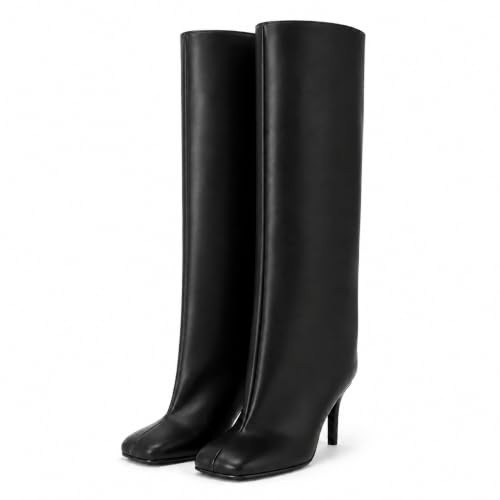 Image of DOBOYG Knee High Boots for Women Wide Calf Square Toe Stiletto Heel Pull On Faux Suede Tall Boots Dressy Fall Shose for Jeans, Dresses, Night Out