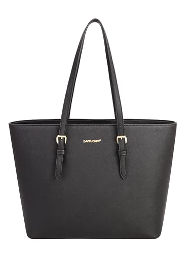 David Jones - Sac à Main Shopping Femme Grand Format - Grand cabas - Idéal sac cours - Cabas Fourre-Tout Porté Epaule Cuir PU Anse Longue - Shopper Grande Capacité A4 - Sac Etudiante Travail - Noir