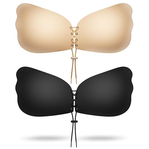Cmojsk Sticky Bra, Backless Sticky Push Up Bra Adhesive, Invisible Seamless Strapless Bras for Women Reusable 2 Pair