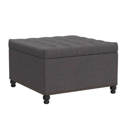 Tbfit Large Square Storage Ottoman Bench, Tufted Upholstered Coffee Table with Storage, Oversized Storage Ottomans Toy Box Footrest for Living Room, Dark Grey