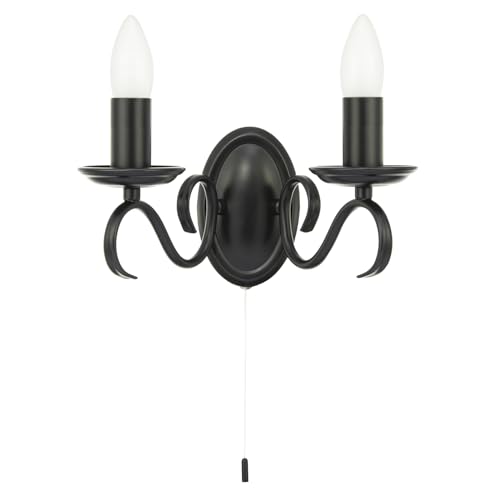 Happy Homewares Traditional Wall Light Fitting with Pull Switch and Matte Black Scroll Arms and Sconces | 26cm x 15cm x 12cm | 2 x 7w E14 Candle