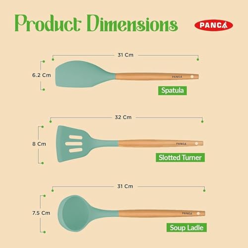 Image of PANCA Silicone Non Stick Spatula Set of 3 with Wooden Handle | Heat Resistant Cooking & Serving Spoon Set | Silicone Kitchen Tools for Cooking, Baking, Mixing (Green)