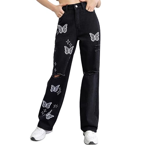 Leggins de cuero para mujer, color negro, moderno, bordado, rasgado, pantalones de lápiz para mujer, pantalones de ocio para mujer, tallas grandes, Negro , S