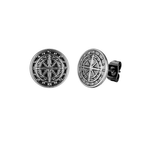 ZFHTJEKNCS Boussole Boucles d’Oreilles pour Hommes, Boucles d’Oreilles Vintage North Star Ancre médaille en Acier Inoxydable, Cadeau de Papa Petit ami mâle