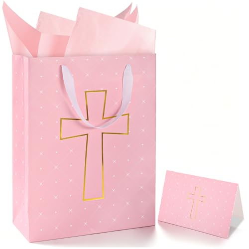 woric Large Baptism Gift Bag 14 Pink Gift Bag with Cross Design Tissue Paper Card for Baby Girl Baptisms First Communions Christenings Religious Occasion(10 x 5 x 14)
